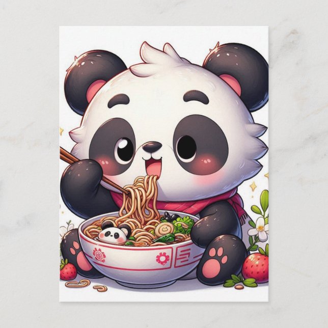 Tecknad Panda Bear Eating Ramen Vykort (Framsida)