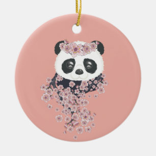 Tecknad panda porträtt med Sakura blommor Julgransprydnad Keramik