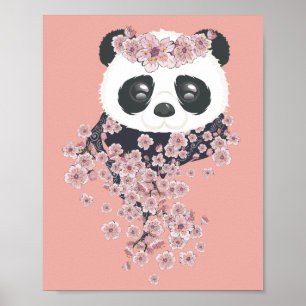 Tecknad panda porträtt med Sakura-blommor Poster