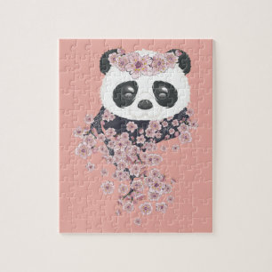 Tecknad panda porträtt med Sakura blommor Pussel