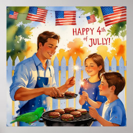 Tecknad Pappa Grilling & Kids with Sparklers Poster