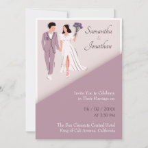 Tecknad par i Lila Modern bröllopsinbjudan