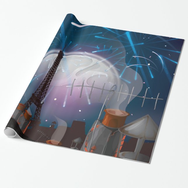 Tecknad Parisutsikt med fyrverkerier Presentpapper (Utrullad)