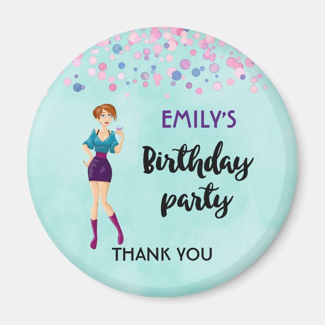 Tecknad Party Girl Holding Drink Birthday Tack Magnet (Framsidan)