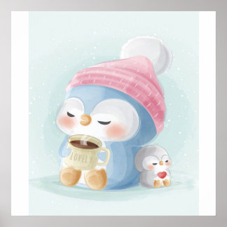 Tecknad Penguin| Cute Penguin med Snö Poster
