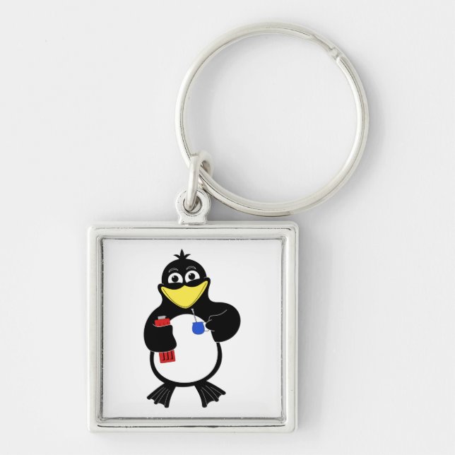 Tecknad penguin fyrkantig silverfärgad nyckelring (Framsidan)