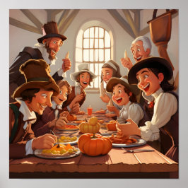 Tecknad Pilgrims runt Thanksgivingen Bord Poster