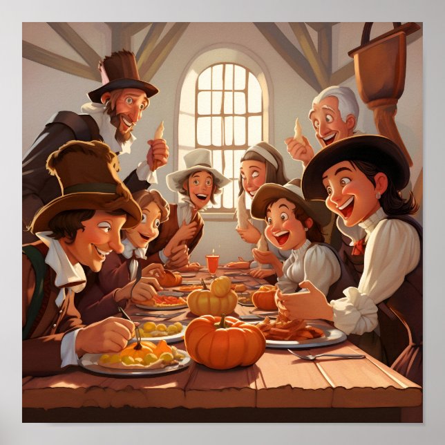 Tecknad Pilgrims runt Thanksgivingen Bord Poster (Framsidan)