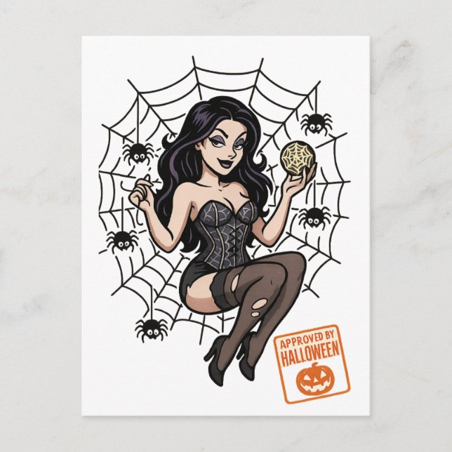 Tecknad Pin-Up Spider - Halloween-godkänd Vykort (Framsida)
