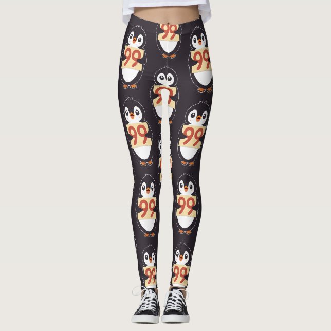 Tecknad pingvin som håller nummer 99 leggings (Framsida)