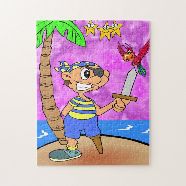 Tecknad Pirat med papegoja och stjärnor, pussel (Vertikal)