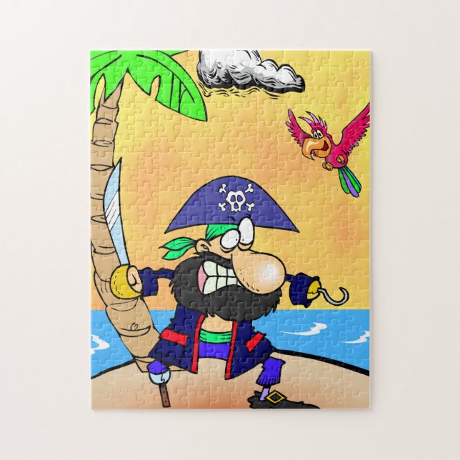 Tecknad Pirat med Rosa Parrot Bird Jigszle Puzzle Pussel (Vertikal)