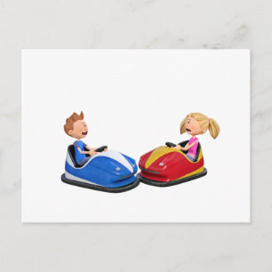 Tecknad pojke och flicka i Bumper Cars Vykort