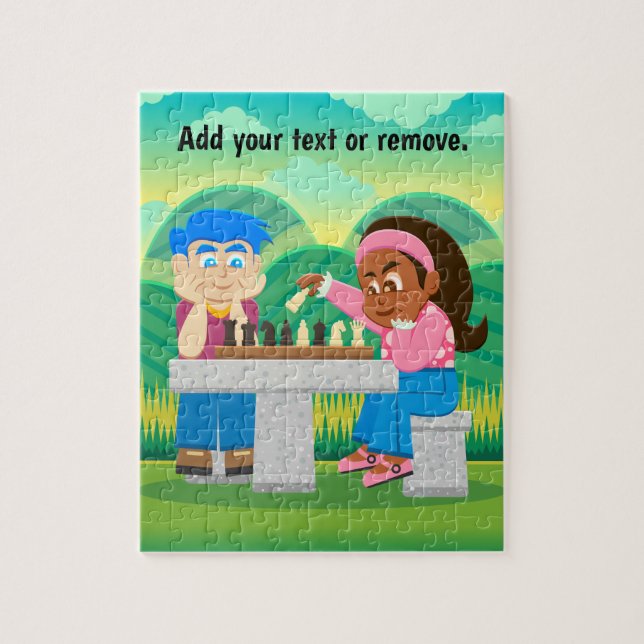 Tecknad, pojke och svart flicka som spelar schack  pussel (Vertikal)