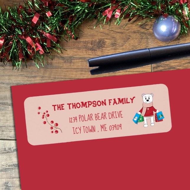 Tecknad Polar Bear Rosa Helgdag Returadress Etikett (Cute polar bear with shopping bags rose pink Holiday return address labels .)