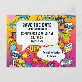 Tecknad Pop Art 💥 Bröllop Graffiti Spara datumet Meddelande Vykort