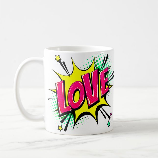 Tecknad Pop Art Lila Gult KÄRLEK Novelty Funny Kaffemugg (Vänster)