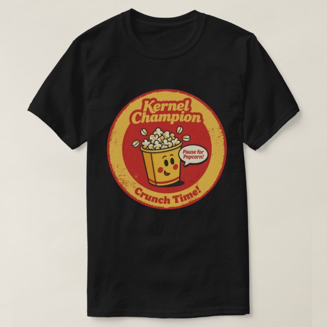 Tecknad Popcorn-hink "Kernel Champion" Grafik T Shirt (Design framsida)