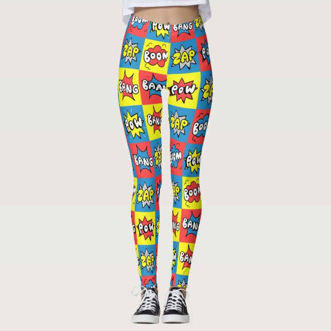 Tecknad Pow Boom Bang Zap Mönster Gift Cute, somma Leggings (Framsida)
