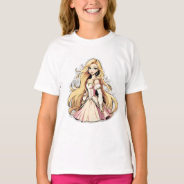 Tecknad Princess Long Hair Tiara Krona Boll Gown T Shirt