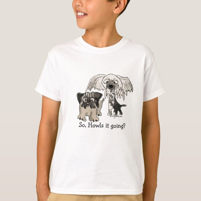 Tecknad Pug and Crested Chinese Puppy Tee Shirt (Framsida)