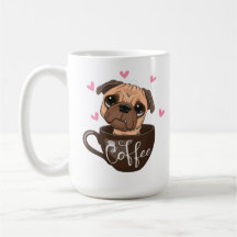 Tecknad pug hund är sitta i ett kopp-kaffe