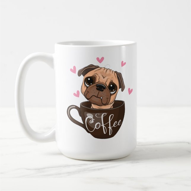 Tecknad pug hund är sitta i ett kopp-kaffe kaffemugg (Vänster)