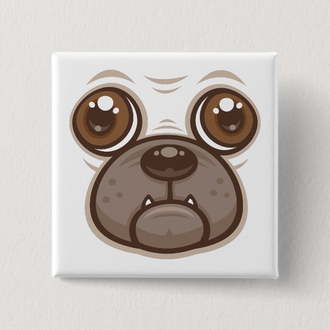 Tecknad Pug Mugg Puppy Hund Ansikte Knapp (Framsida)