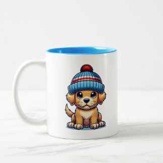 Tecknad Puppy Wearing Beanie Hat Två-Tonad Mugg