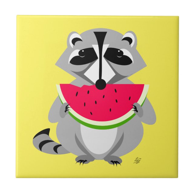Tecknad Raccoon Eating Watermelon Kakelplatta (Framsidan)