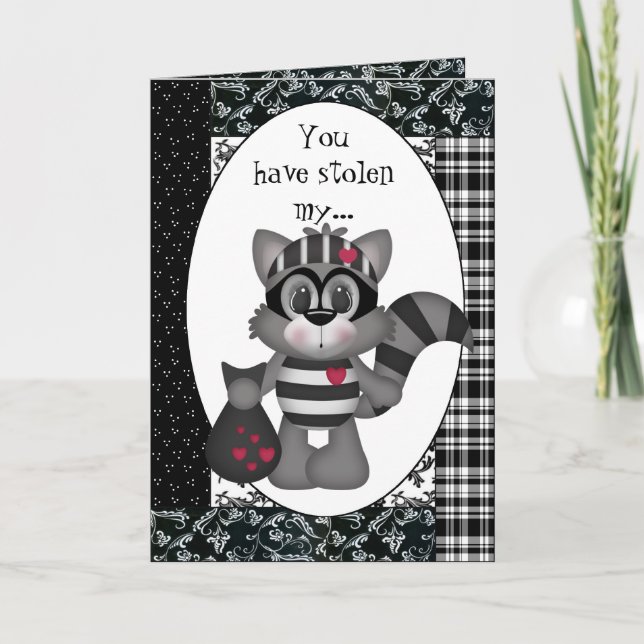Tecknad Raccoon Valentines hälsningskort på Alla h Helgkort (Framsida)