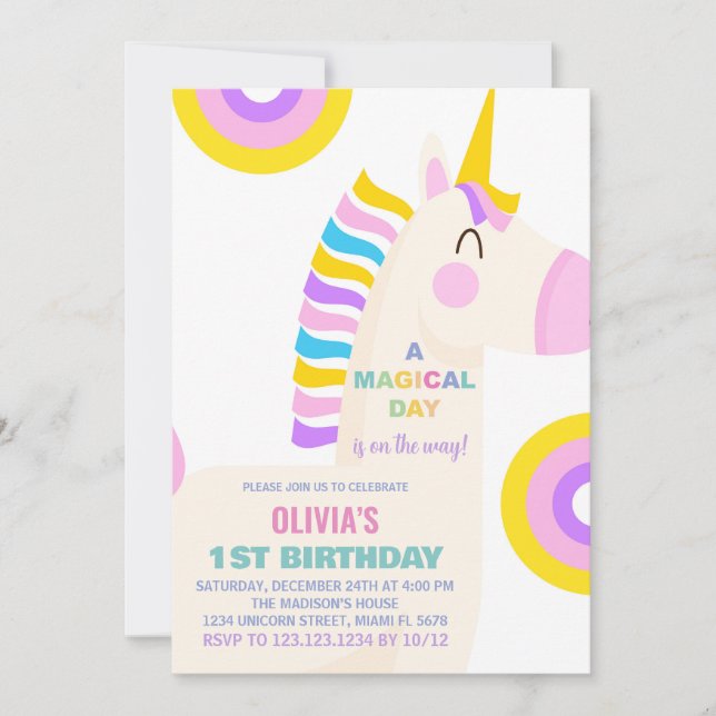 Tecknad Rainbow Unicorn Birthday-inbjudningar Inbjudningar (Framsida)