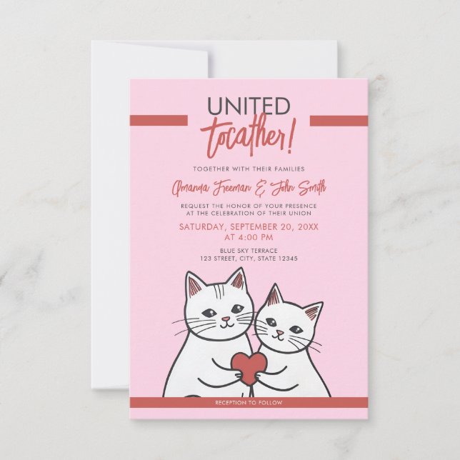 Tecknad Red & White Whimsical Cats Bröllop Inbjudningar (Framsida)