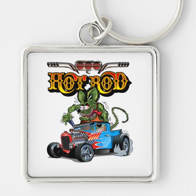 Tecknad retro hot rod fyrkantig silverfärgad nyckelring (Framsidan)