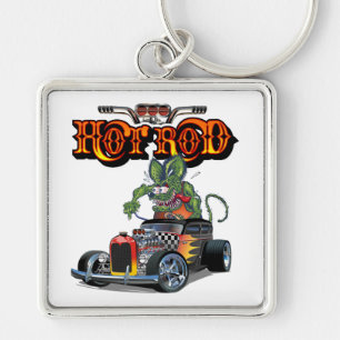 Tecknad retro hot rod fyrkantig silverfärgad nyckelring