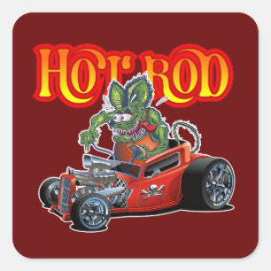 Tecknad retro hot rod fyrkantigt klistermärke