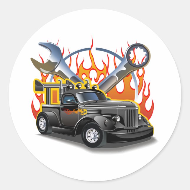 Tecknad retro hot rod runt klistermärke (Framsida)