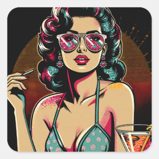 Tecknad Retro Pinup Girl med Cocktail Birthday Fyrkantigt Klistermärke