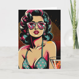 Tecknad Retro Pinup Girl med Cocktail Birthday Kort