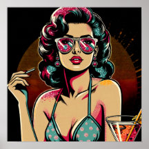 Tecknad Retro Pinup Girl med Cocktail