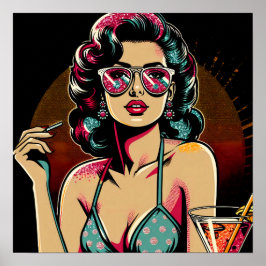Tecknad Retro Pinup Girl med Cocktail Poster