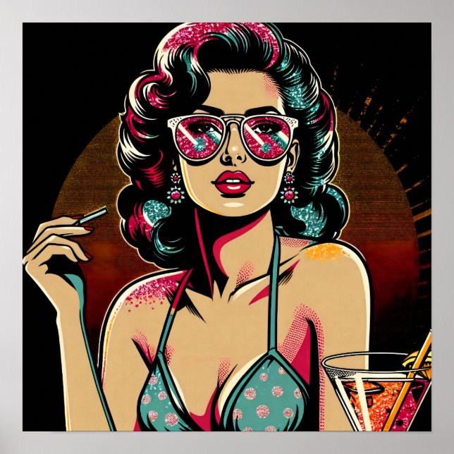 Tecknad Retro Pinup Girl med Cocktail Poster (Framsidan)