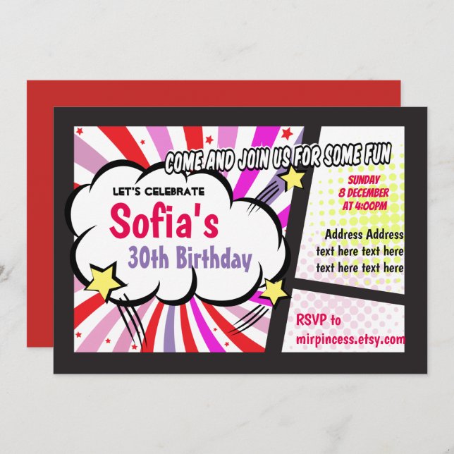 tecknad, retro, popkonst, superhjältefödelsedag in inbjudningar (Fram/baksida)