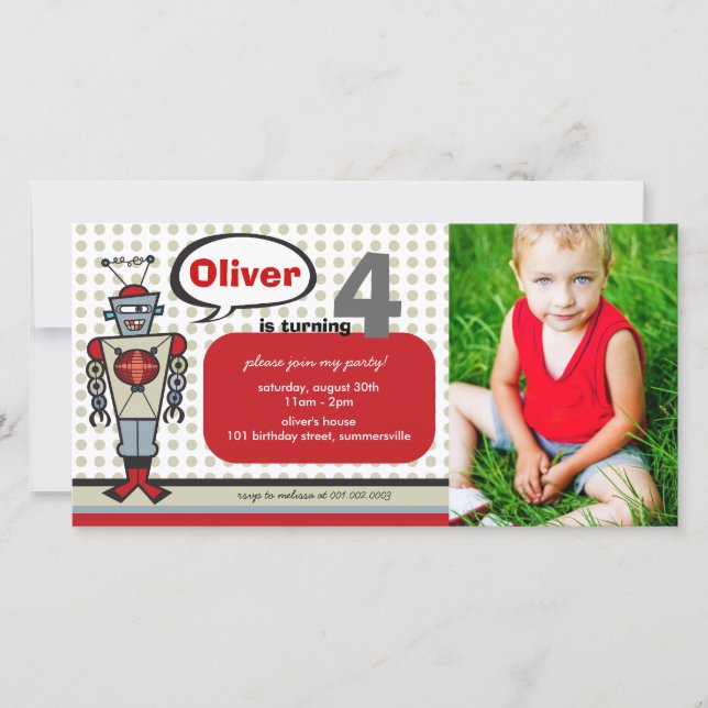 Tecknad Retro Robot Cute Kids Boy Födelsedagsfest (Framsida)