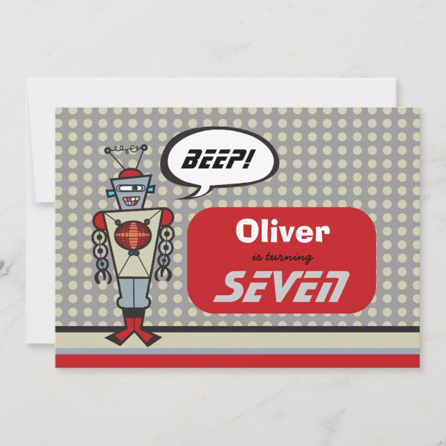 Tecknad Retro Robot Cute Kids Boy Födelsedagsfest Inbjudningar (Framsida)