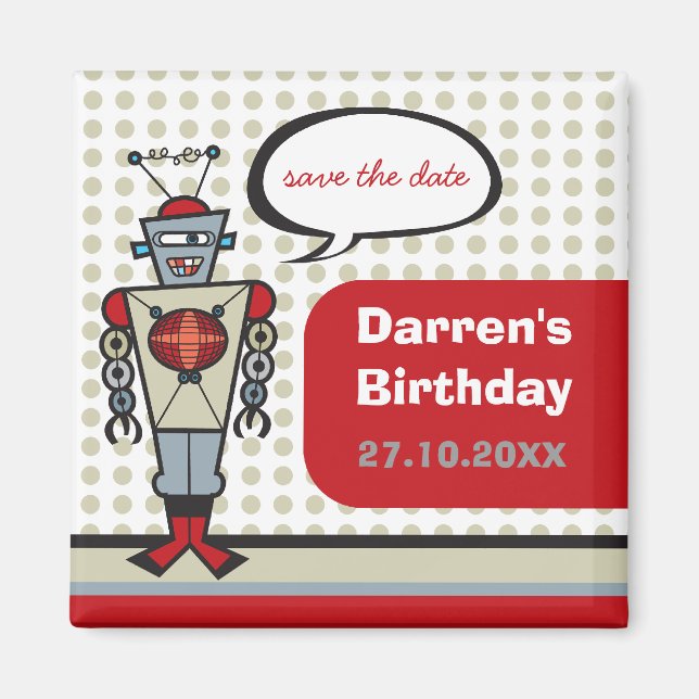 Tecknad Retro Robot Cute Kids Boy Födelsedagsfest Magnet (Framsidan)