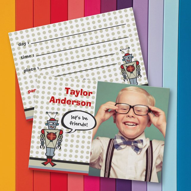 Tecknad Retro Robot Roligt Kids Photo Playdate Car Visitkort (Skapare uppladdad)