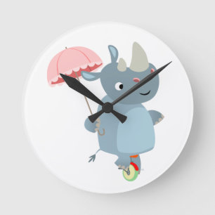 Tecknad Rhino med paraply på väggklocka i Unicle