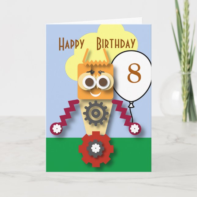 Tecknad Robot Editable Children's Birthday Kort (Framsida)