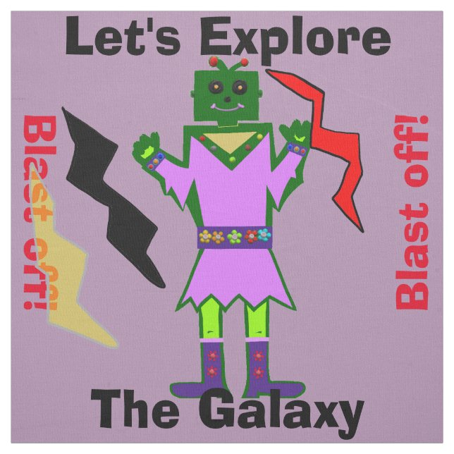 Tecknad Robot Girl Alien Blast Off Lila Tyg (Provkarta)
